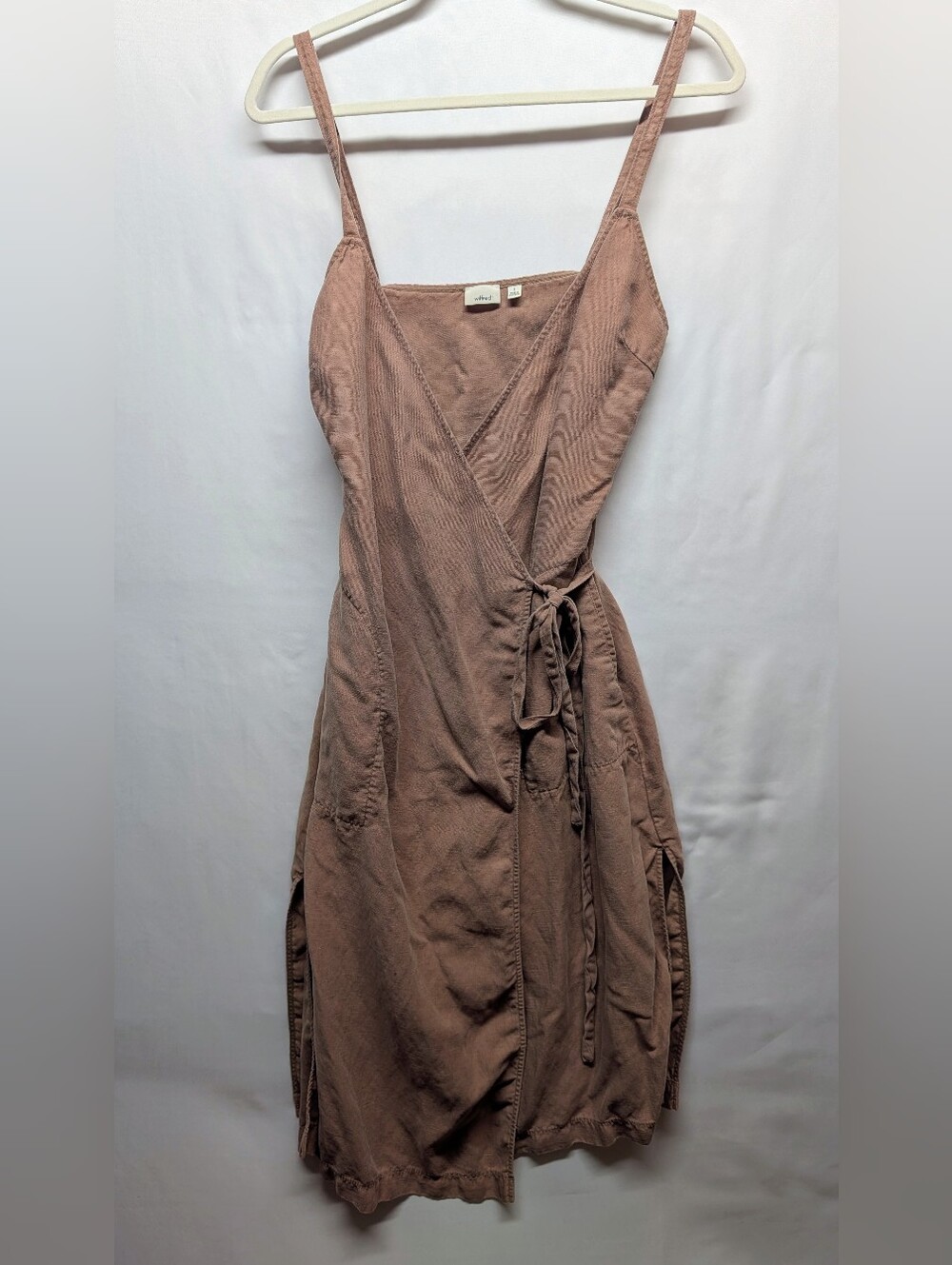 423-Wilfred Aritzia Tan Wrap Midi Dress